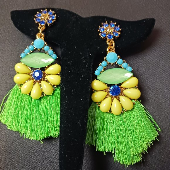 Pierced Green Tasseled and Yellow Floral Earrings - Picture 1 of 11
